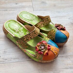 Y2K Whimsical Fairy Boho Handmade Printed Leather Platform Slide Sandals Size 41